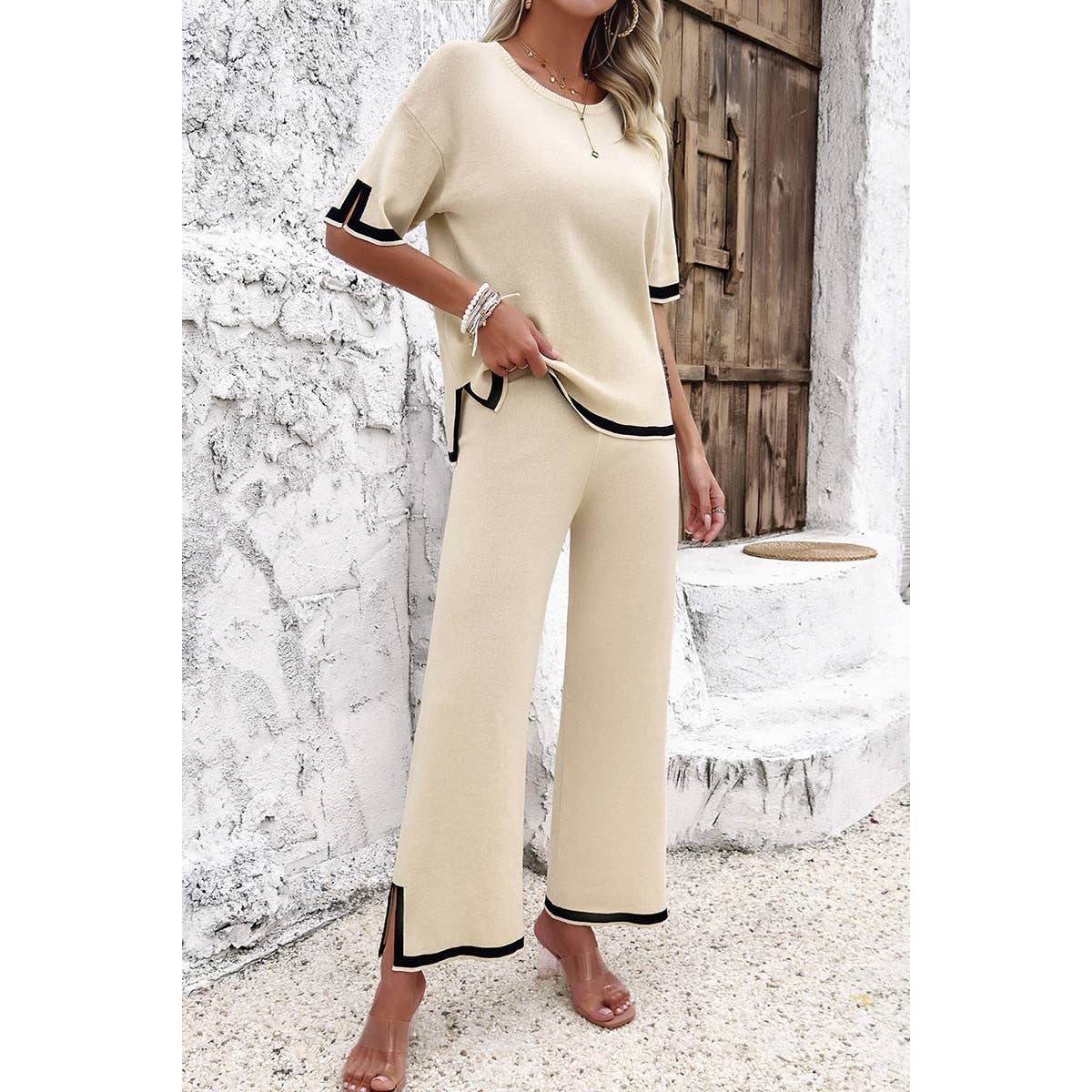 Two Pieces Round Neck Fit Blouse And Pants Sets