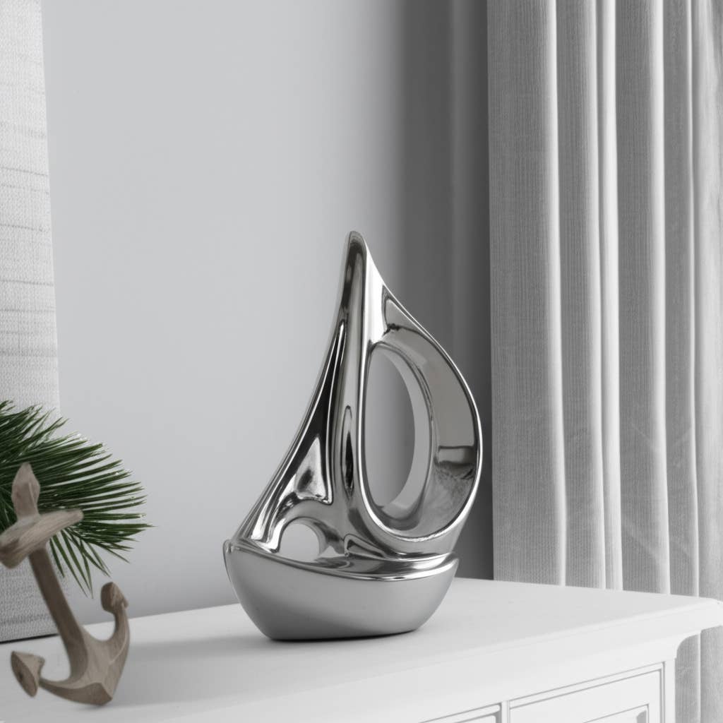 Ceramic Coastal Sailboat Sculpture Decor - Silver, 8 in.