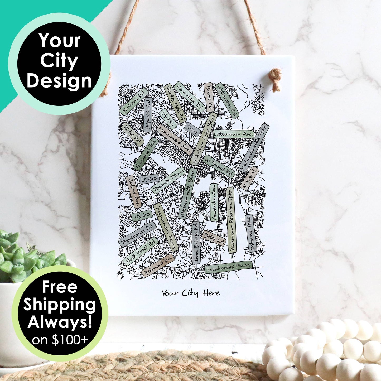 City Street Map Tile Sign - Rectangle - Custom Order