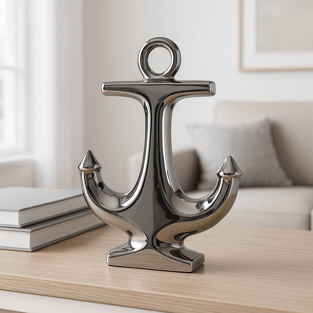 Silver 10 in. Ceramic Novelty Solid Coastal Anchor Sculpture