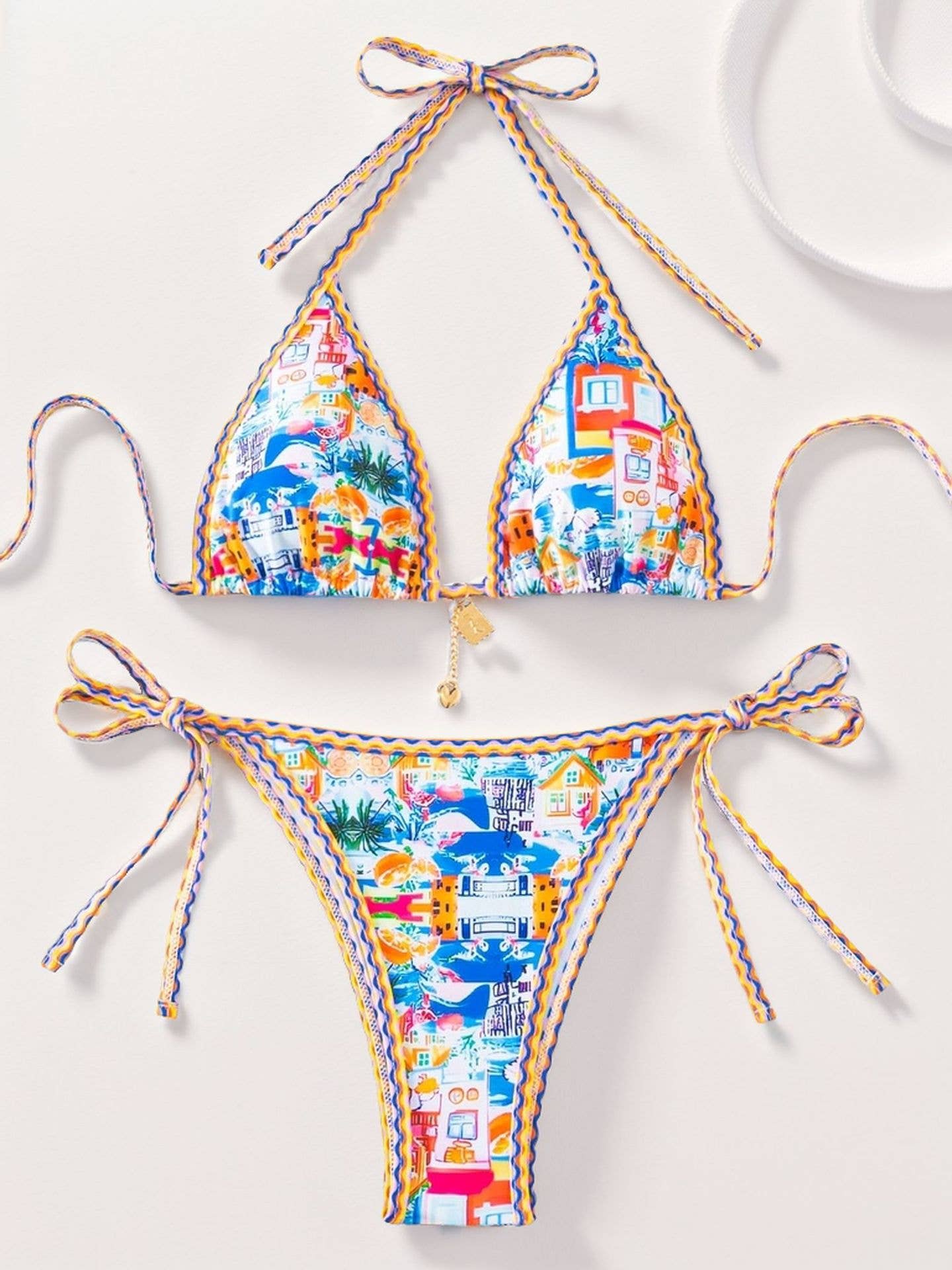 Bohemian Print Lace-Up Sexy Bikini Split Swimsuit Set