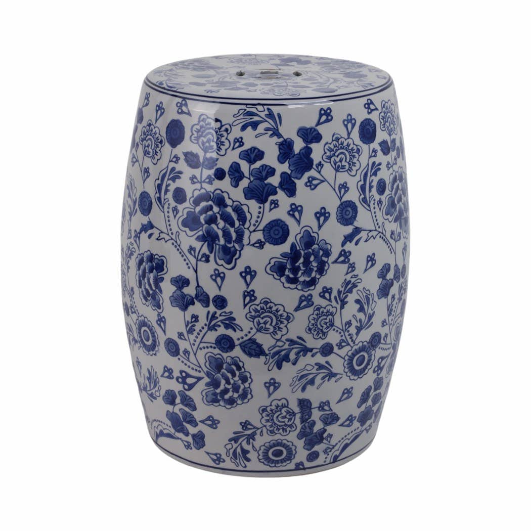 Ceramic Elegant Hydrangea Chinoiserie Stool - Blue, 17 in.
