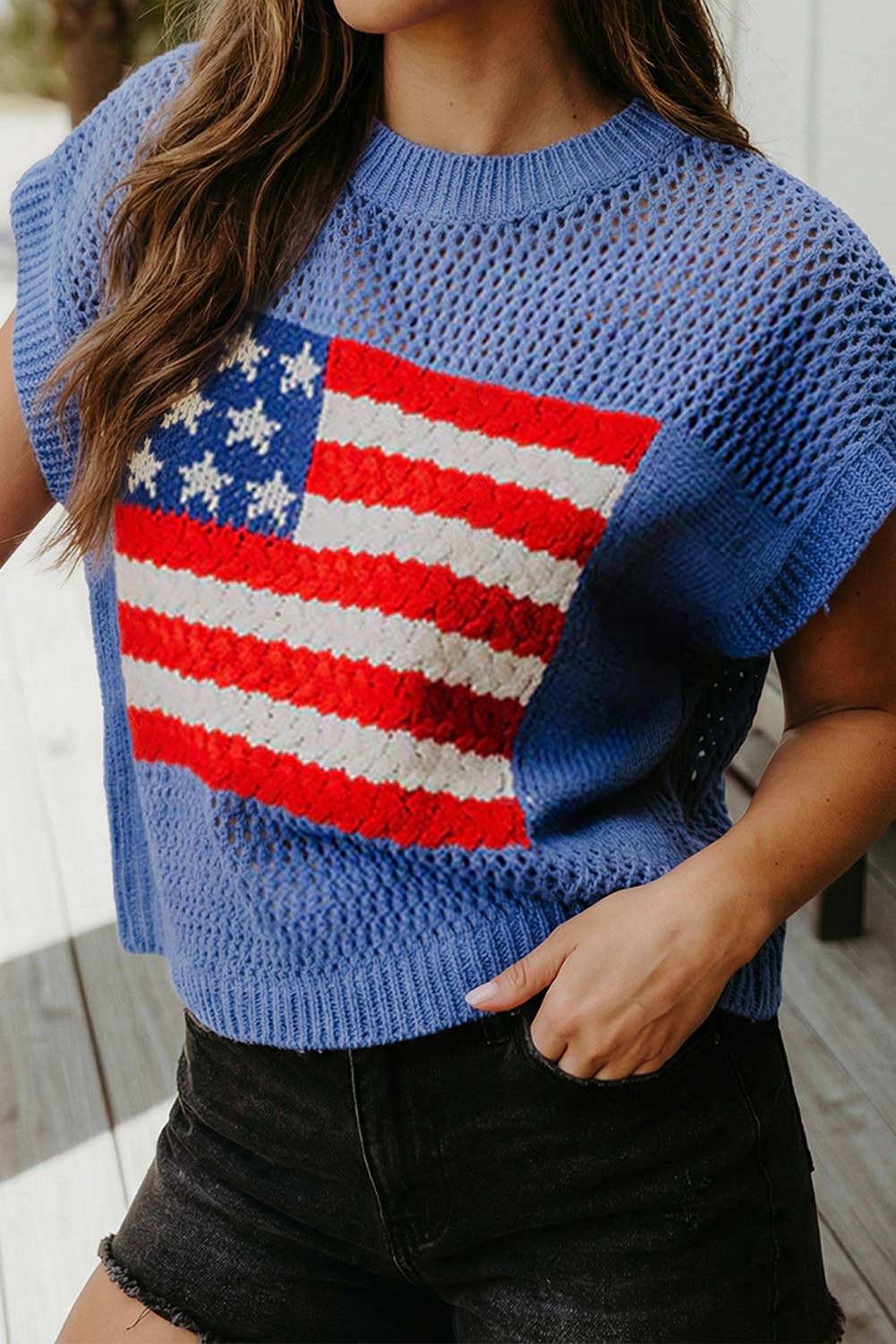 Spring Flag Graphic Short Sleeve Sweater Top (S-XL)