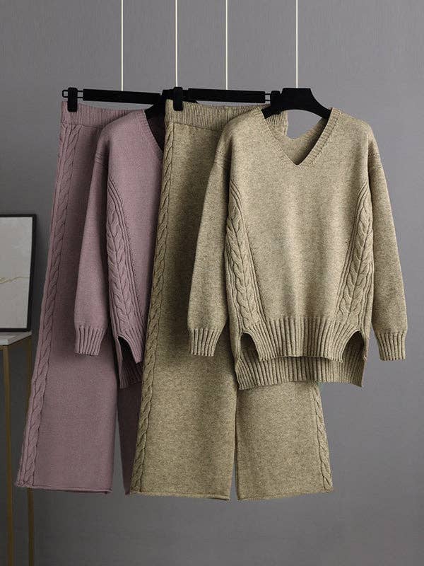 Urban Loose Solid Color V-Neck Sweater Tops& Wide Leg  Pants Suits