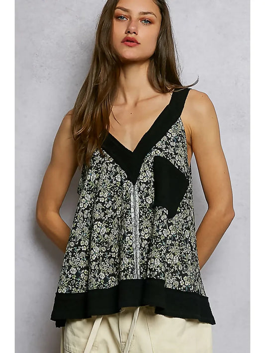 Lightweight V-Neck Floral Print Rib Patch Sleeveless Top