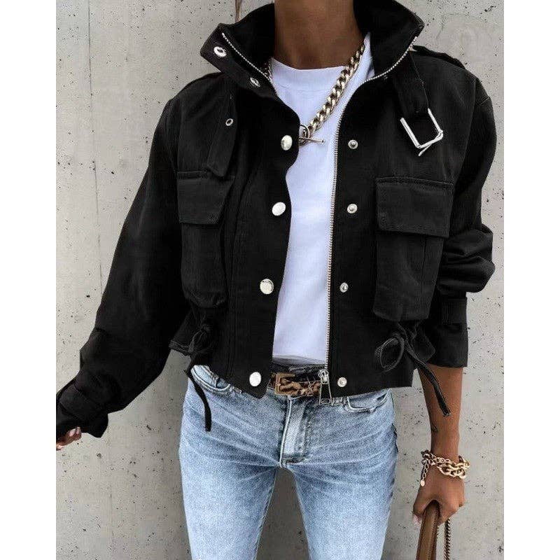 Printed Zip-Up Drawstring Short Jacket