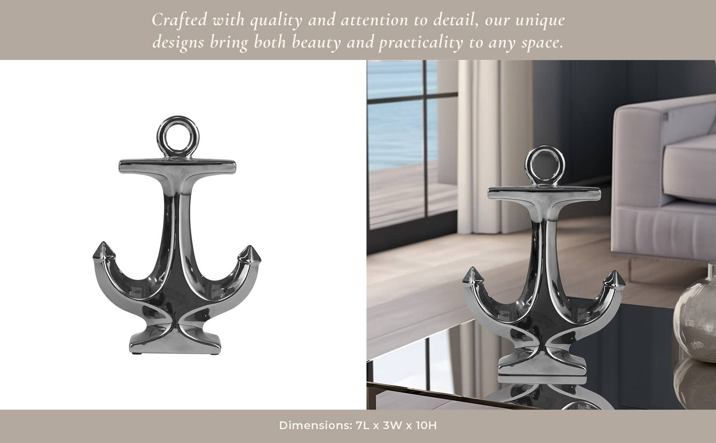 Silver 10 in. Ceramic Novelty Solid Coastal Anchor Sculpture