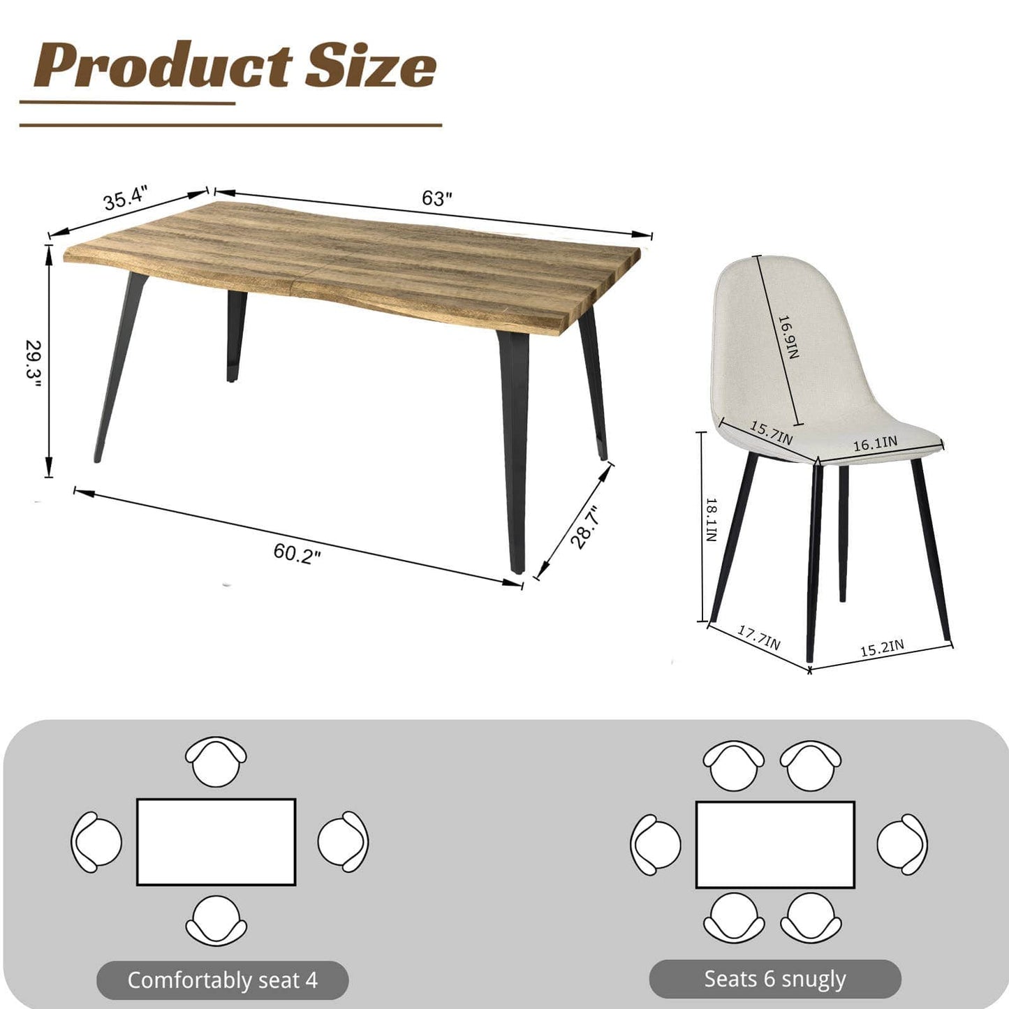5-Piece Dining Set-63" Wave-Edge Wal Table and Chair Options