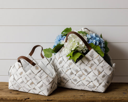 Basket - Whitewash Chipwood With Leather Handle (Set Of 02)