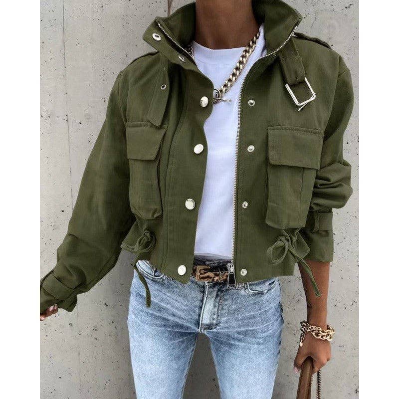 Printed Zip-Up Drawstring Short Jacket