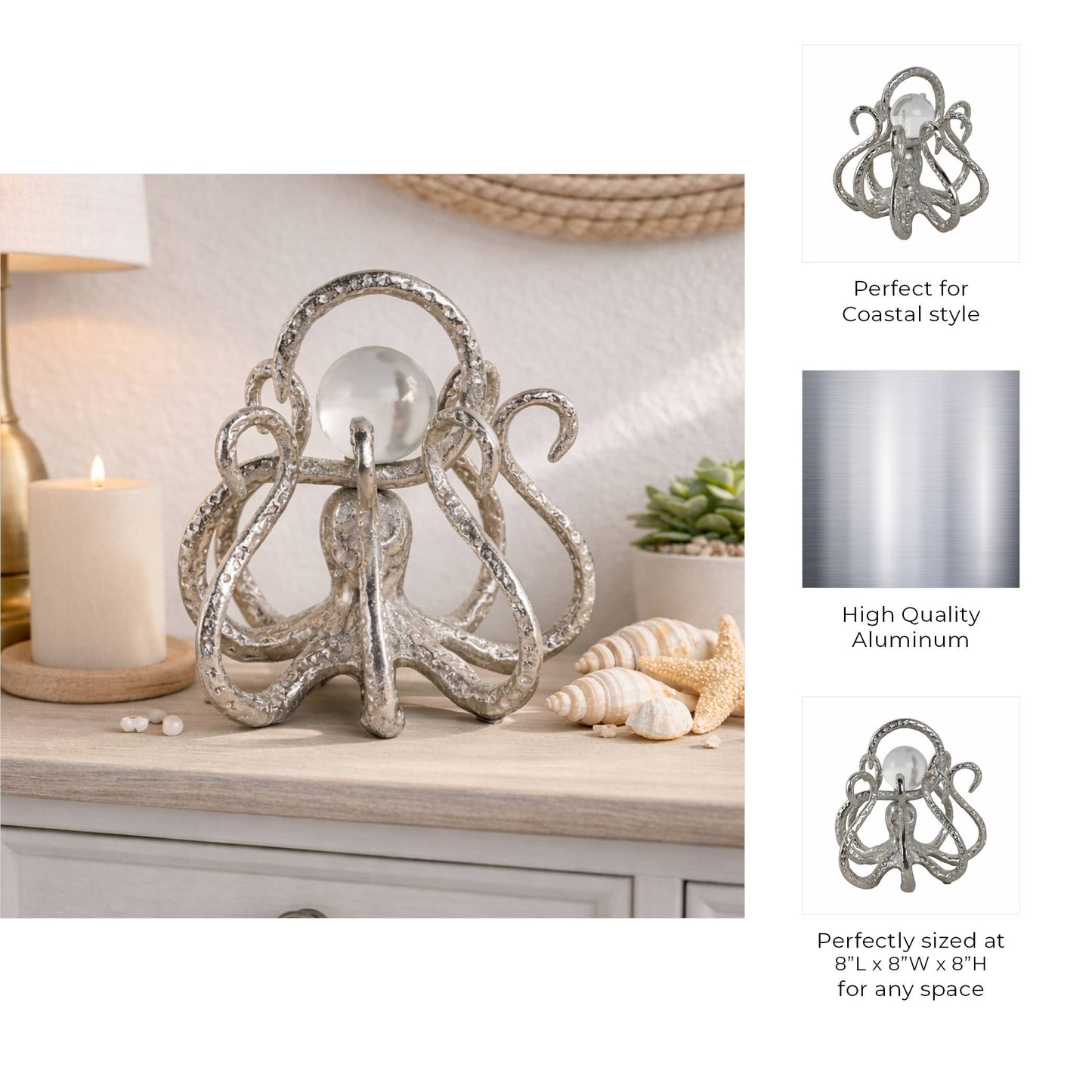 Figurine - Silver Metal Octopus with Acrylic Ball, 8 in.