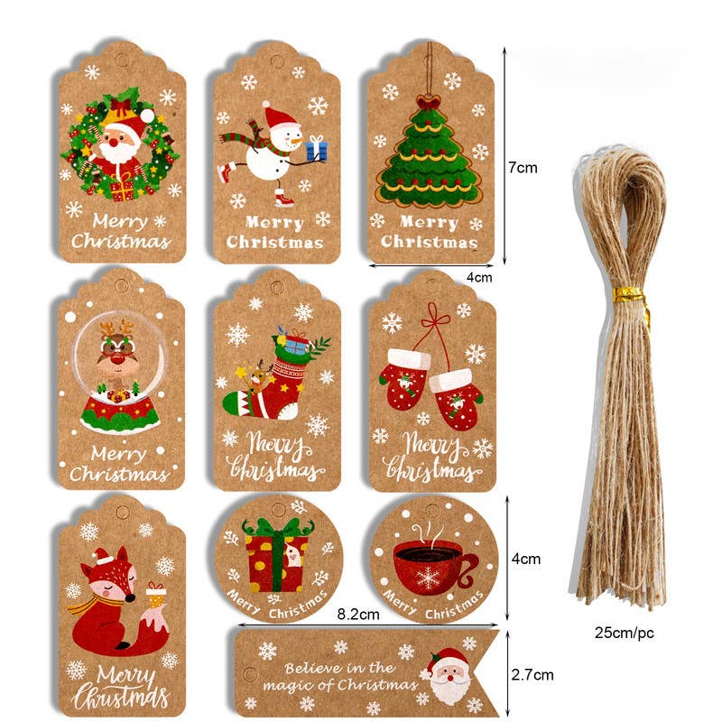Christmas holidays bags gifts tags jute rope,  set of 10