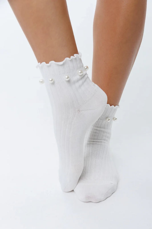 Womens White Frill Socks with Pearls