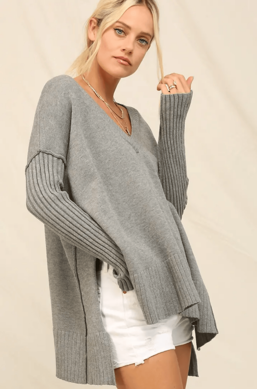 V-neck Gray Tunic Sweater