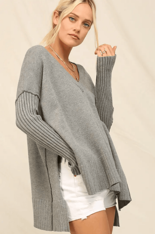 V-neck Gray Tunic Sweater