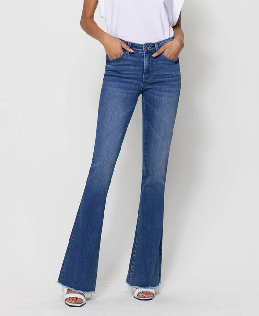 Mid Rise Raw Hem Flare Jeans