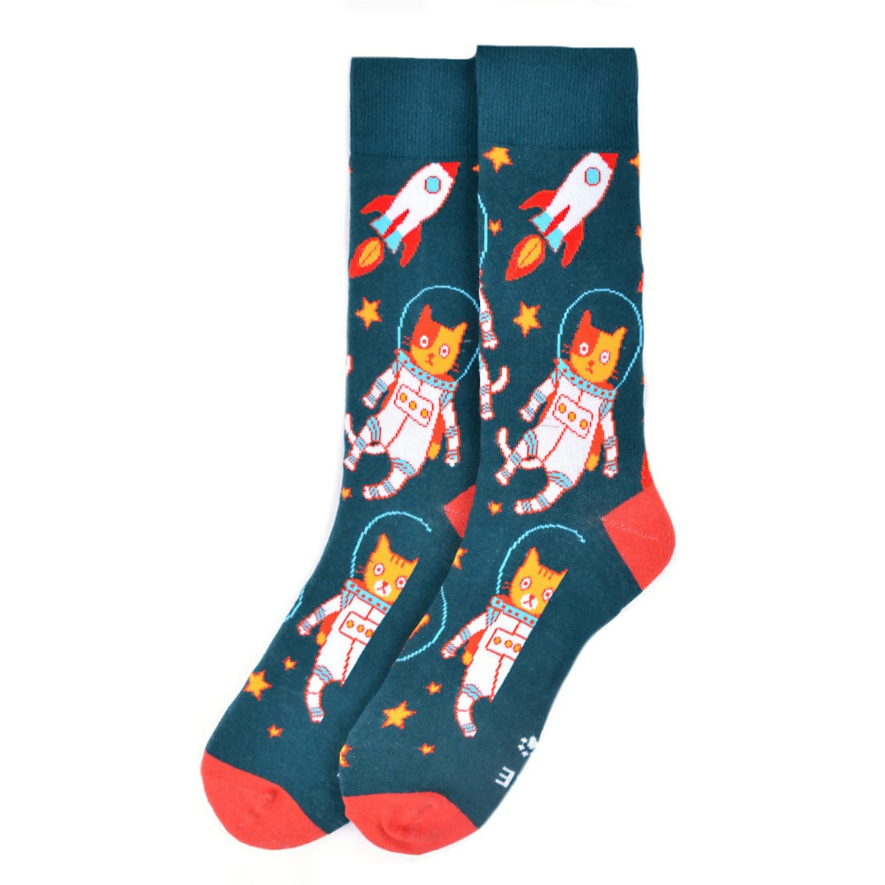 Mens Cat Astronaut Crew Socks - Spaceship Rockets Stars - Life is Socks